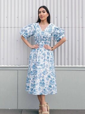 Jessie Zhao New York Leandra Blue Smocked V-Neck Midi Dress